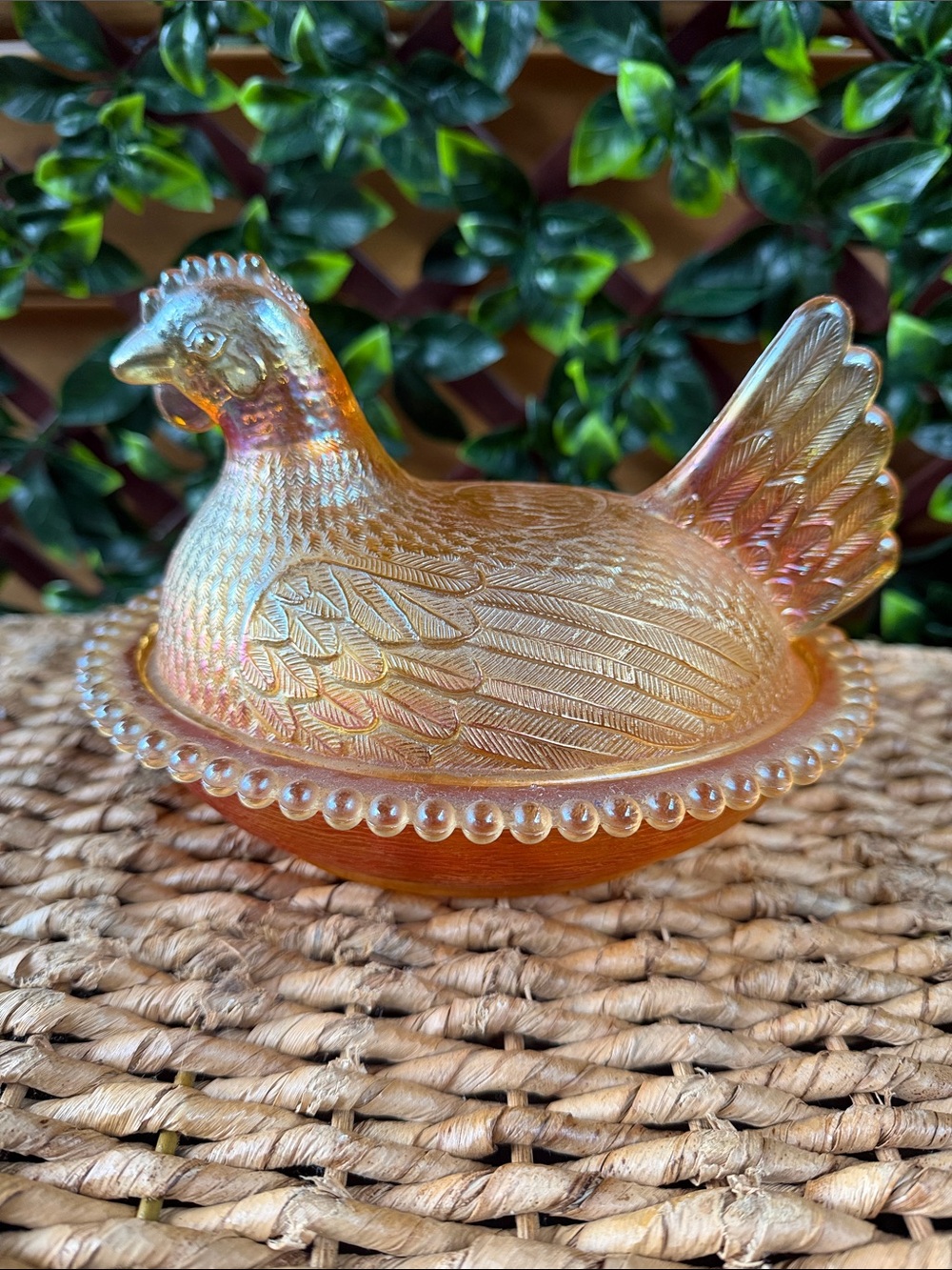 Vintage Indiana Glass Marigold Iridescent Carnival Glass Hen on Nest